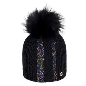 Donkerblauwe gebreide muts met tropfenpompom en glitterstripers voor vrouwen.