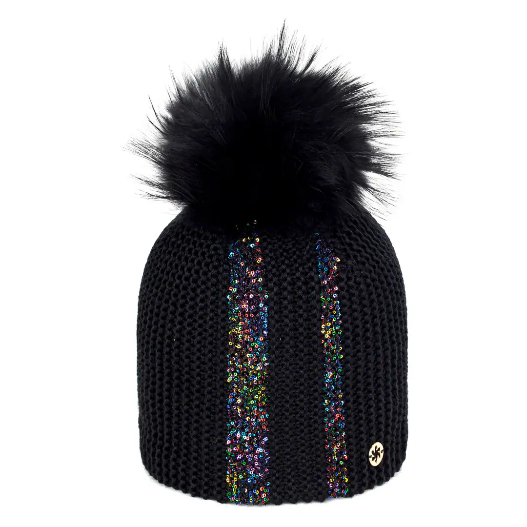 Donkerblauwe gebreide muts met tropfenpompom en glitterstripers voor vrouwen.