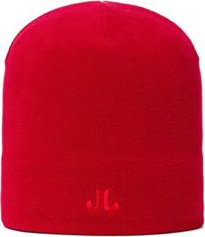 Red beanie hat with JL logo for outdoor sports and casual wear.