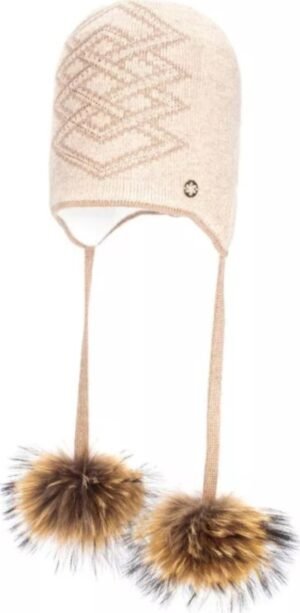 Warm winter meisjesmuts met faux fur pompons en gevlochten design.