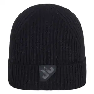 Black knitted beanie with logo patch for outdoor activities and skating.