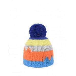 Kleurrijke gebreide wool pet met bobbel en vrolijke strepen.
