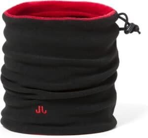 Fleece neckwarmer met trekkoord voor outdoor activiteiten zwart met rode binnenkant.