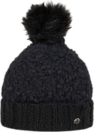 Donkergrijze bontachtige beanie met pompom, warme wintermuts voor dames en heren.