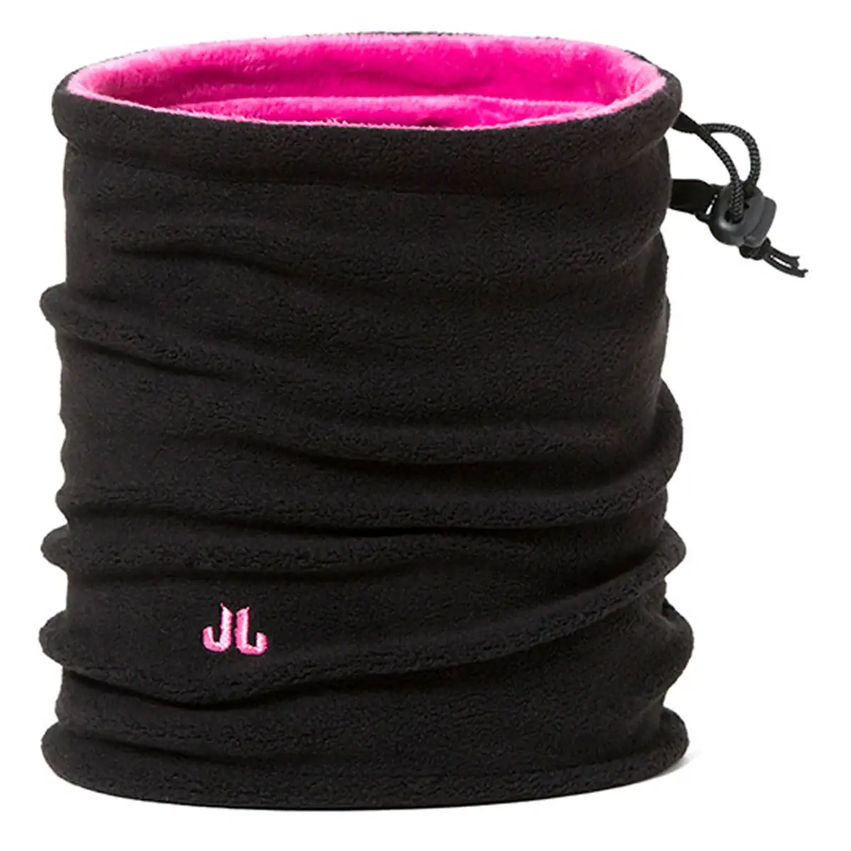 Warm fleece nekwarmer met verstelbare trekkoord en roze binnenvoering.