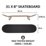 31 inch skateboard met black antislip grip en kunststof wielen voor skateboarding en tricks.