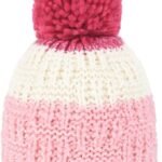 Donkerroze en wit gebreide wollen muts met pompon en tekst "Baby Girl".