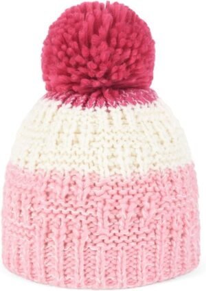 Donkerroze en wit gebreide wollen muts met pompon en tekst "Baby Girl".