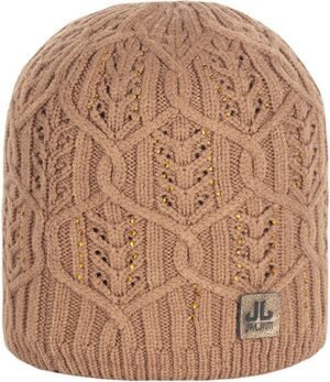Knitted winter hat met glitters en merklabel voor outdoor gebruik in de winter.