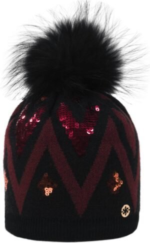 Seizoenstherapie knit cap met pompon en sequins, zwart en bordeauxkleurig.