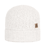 Warm witte gebreide muts met pompom voor buitenactiviteiten.