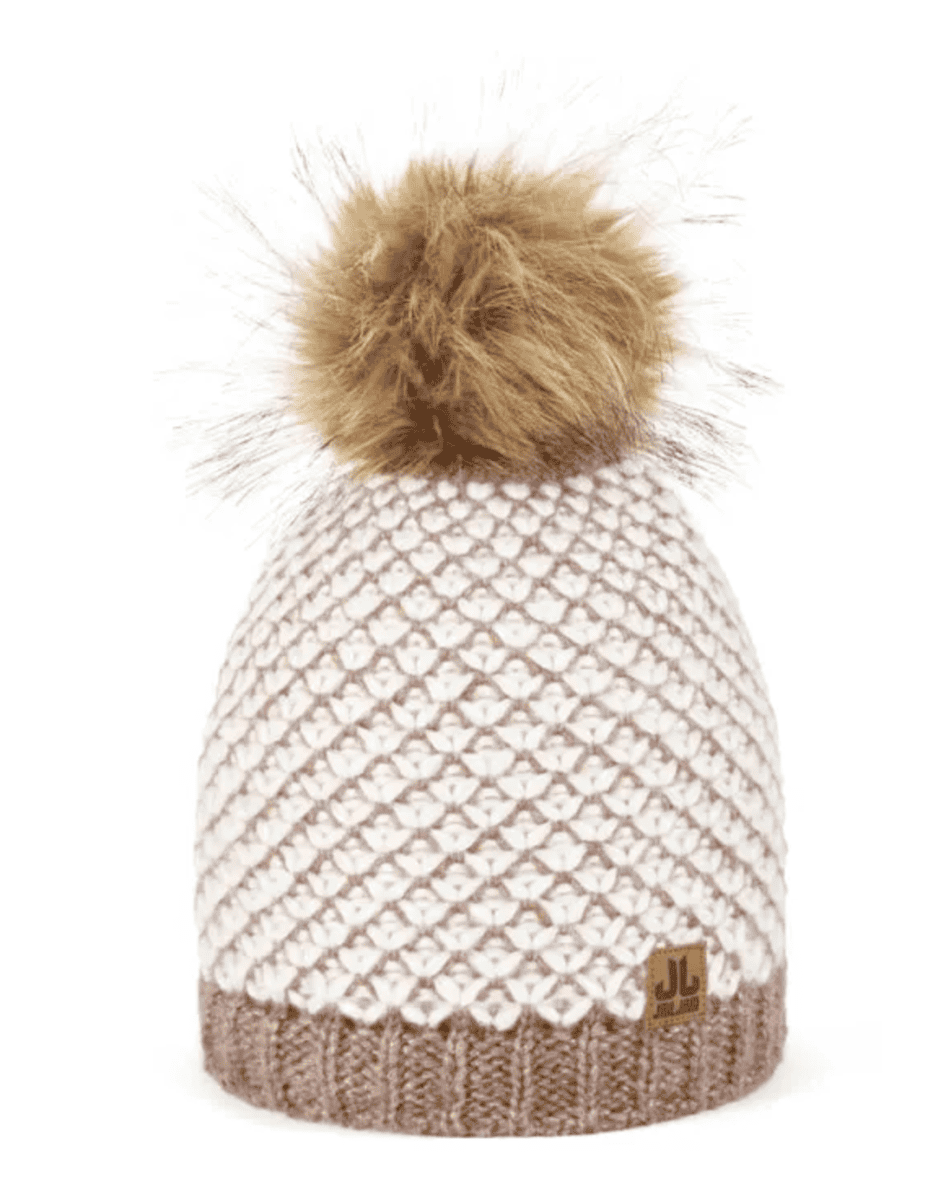 Gepubliceerde afbeelding promoot warme, stijlvolle wintermutsen met pompom. Perfect voor buiten in koude winterdagen.
