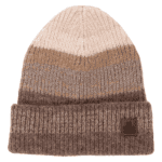 Gekleurde gebreide muts in beige, bruin en taupe met merklabel.