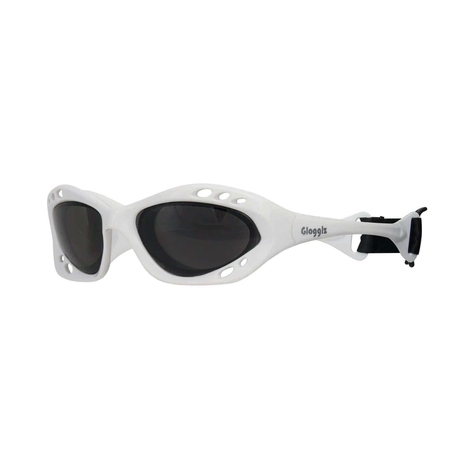 Sportieve skibril met witte frame en zwarte lens voor buitenactiviteiten.