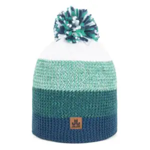 Kleurrijke gebreide (raglan) pompoen muts met pompom in blauw, groen en wit.