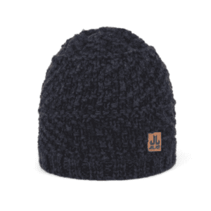 Knitted winter pet hat in black with leather logo detail.