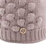 Knitted wool hat with pom-poms and metallic logo detail.