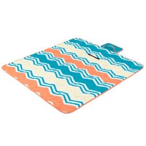 Knielood zeilmatje met vrolijk zigzag patroon in blauw, oranje en beige voor buitenactiviteiten.