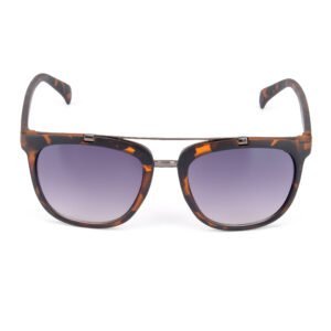 Dameszonnebril met tortoise montuur en paarse gradient glazen.