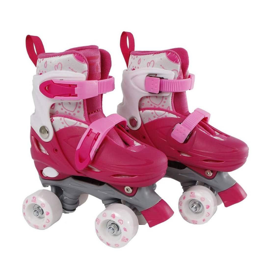 Pink kinder rolschaatsen met verstelbare banden en witte details voor buitenplezier.