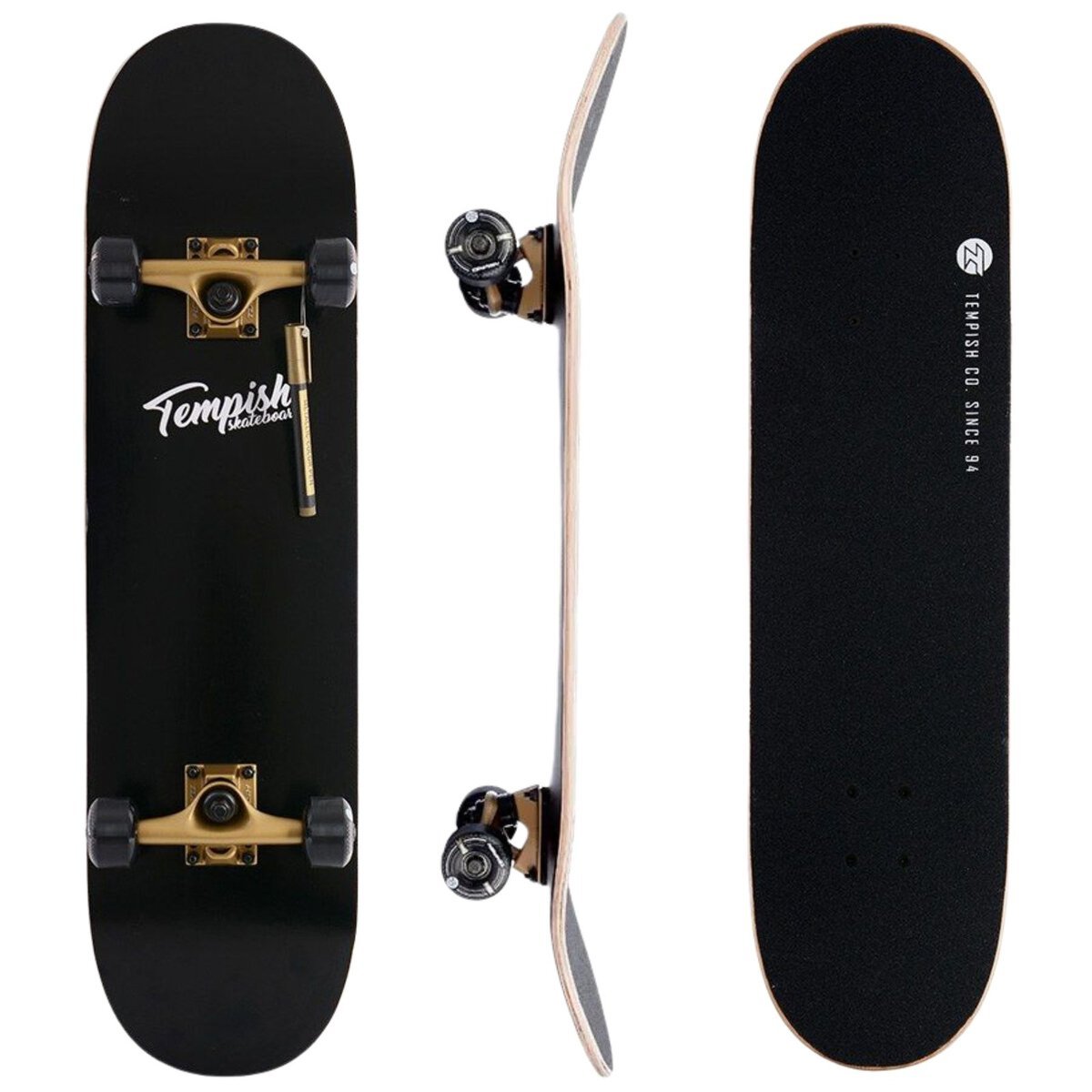 Krachtige skateboardset met zwarte grip en goudkleurige trucks voor buitenplezier.