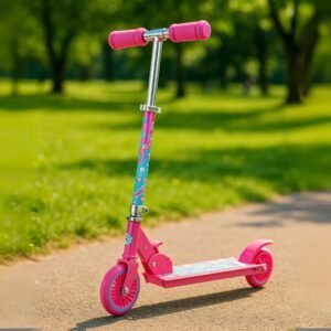 Kleurige roze kinderstep op een pad in een park met groen gras en bomen.