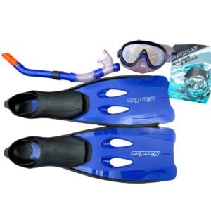 Snorkelset met blauwe zwemvliezen, masker en snurkels voor buitenplezier.