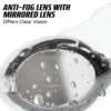 Anti-fog lens met spiegelende lens, helder zicht, unieke waterdruppelstructuur.