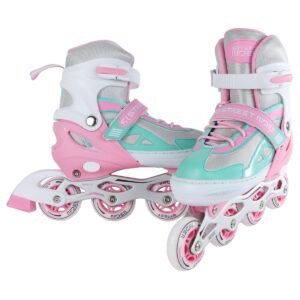 Pink en mintgroene verstelbare kinderkunststapschoenen voor rollerhockey en buitenplezier.