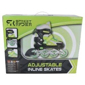 Kunststof inline skates in groen en zwart voor volwassenen, met verstelbare maat en comfortabele pasvorm.
