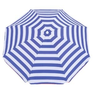 Blauwe en witte strandparaplu met strakke strepen voor buitengebruik.