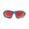 Kleurige sportbril met blauwe frame en oranje getinte spiegelglazen.