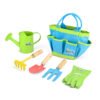 Houten speelset met kinder tuin gereedschap, watering can, handschoenen en speelgoedtas voor buitenplezier.