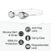 Osprey zwembril met anti-fog lens en UV-bescherming, inclusief siliconen hoofdband en draagbare case.