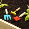 Kleurrijke tuingereedschapset met schepjes in een verhoogde tuinbed met verse groene planten in de omgeving.