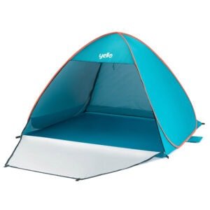 1. Lichtblauwe camping tent met sneldaken en ventilatie voor kamperen.