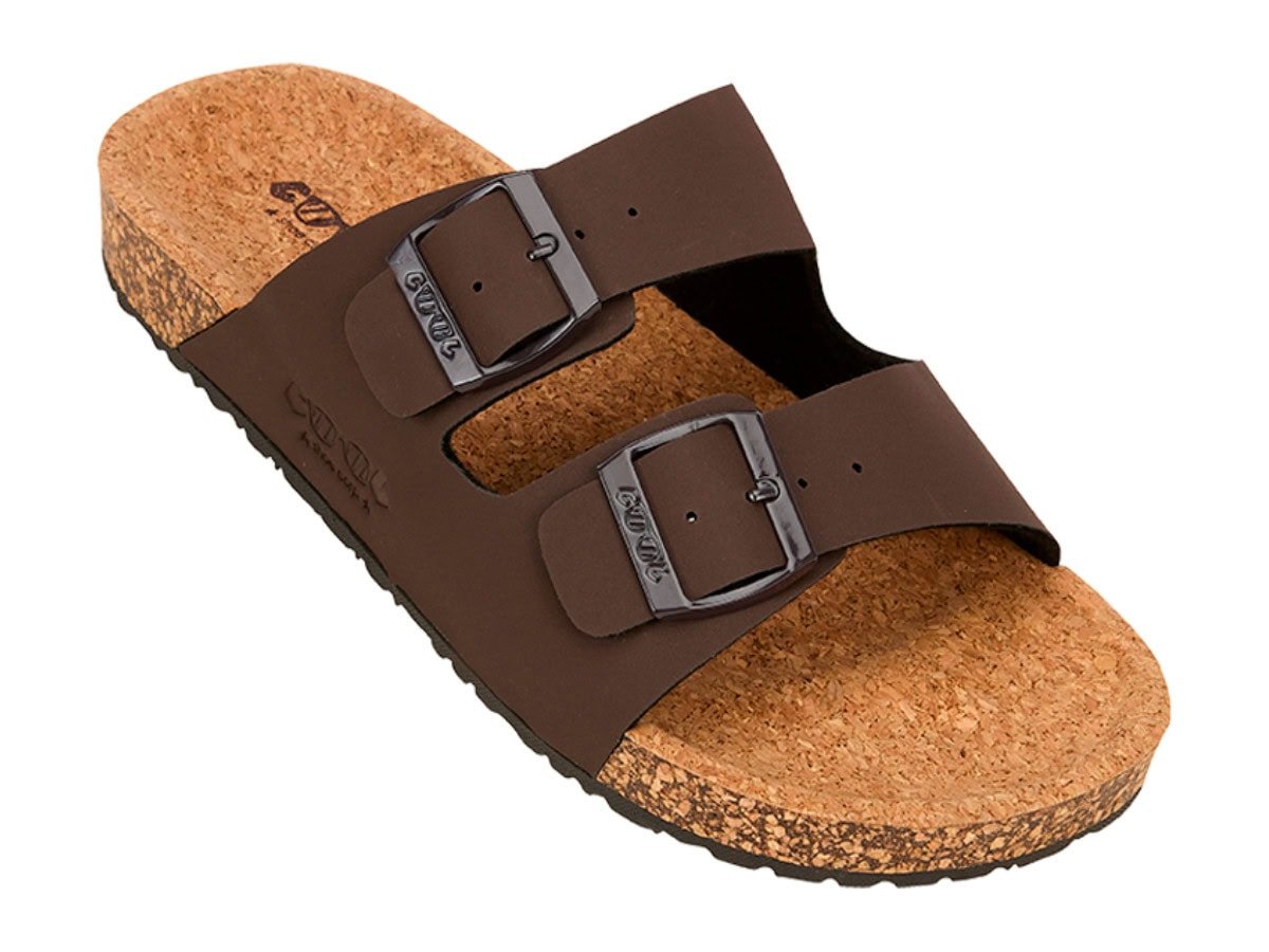 Cool Shoe Corp. Bubble Heren Sandaal Cork Brown – bovenaanzicht met kurken voetbed en dubbele gespen