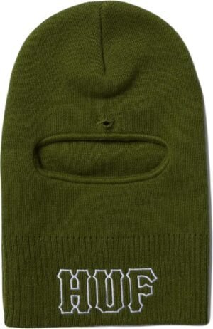 Olijfgroene skipak met gezichtsstijl en CHUF-logo voor outdoor en winterkleding.