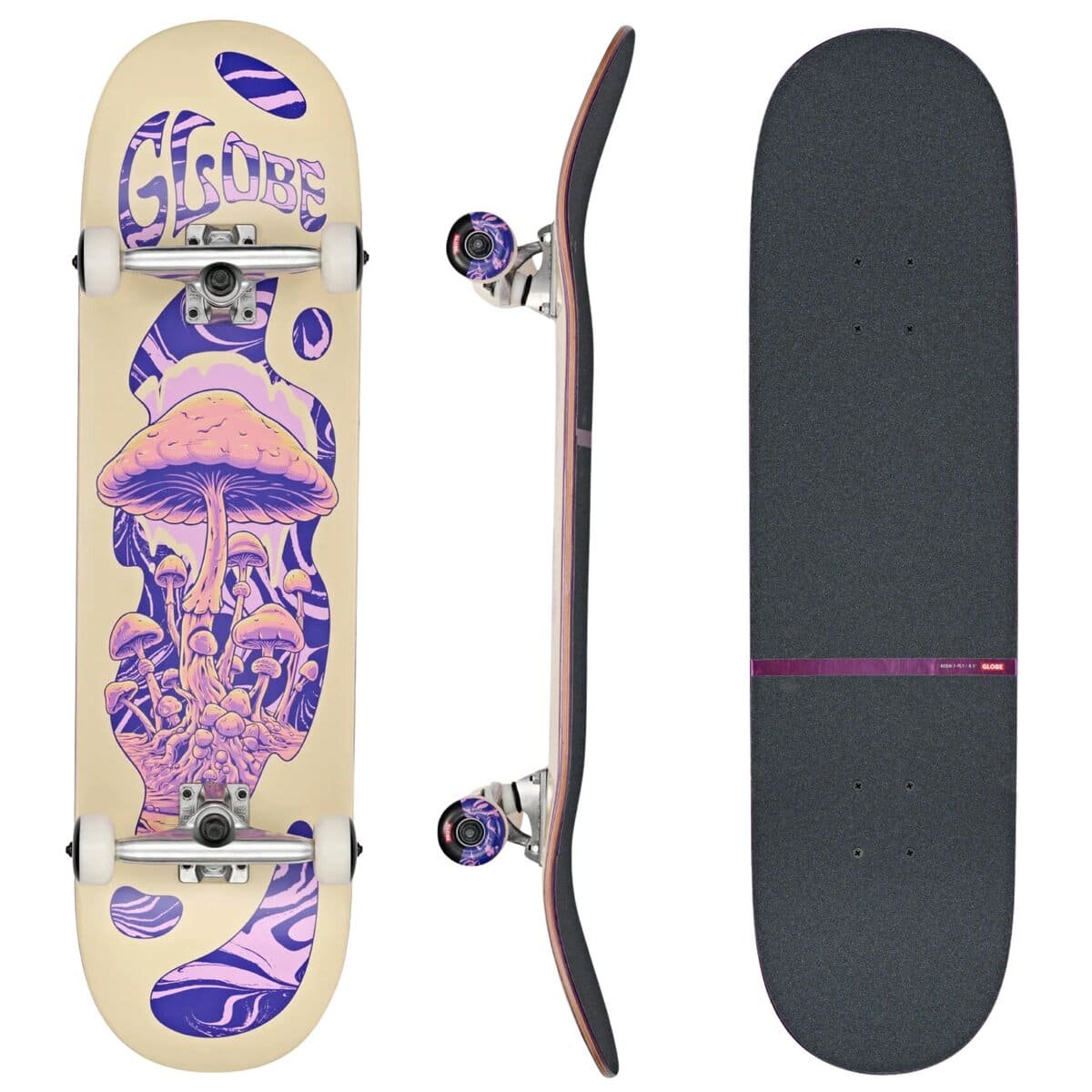 Globe G1 Mind Expansion complete skateboard 8.5 inch in Off-White/Purple, zijaanzicht van het deck